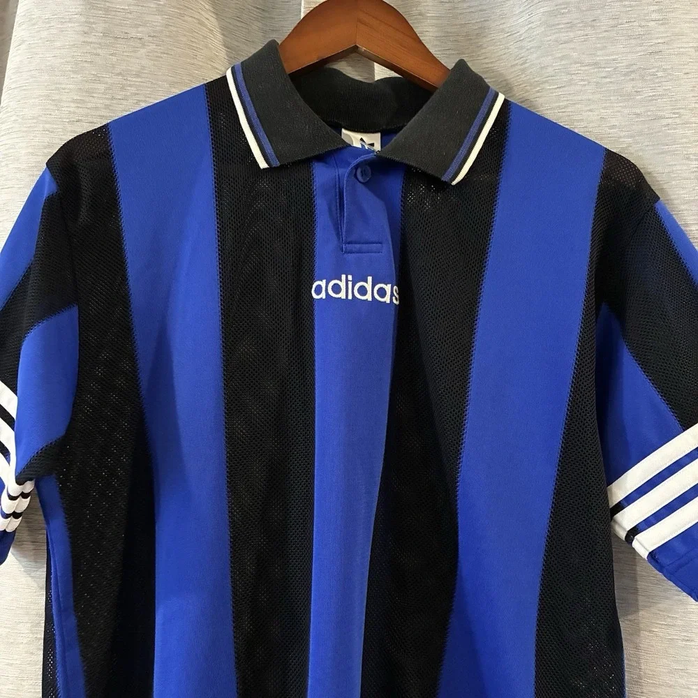 Vintage 90s Adidas Equipment Football Soccer Jersey Blue White Striped Shirt M-L